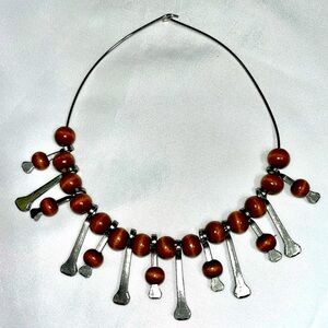 Vintage Spunky tribal Metal Medallion & Wooden Beaded Necklace.